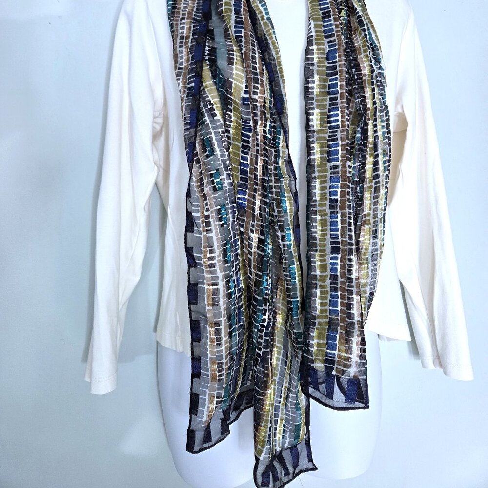 NWOT Chiffon Blue Green Gold Metallic Accent Scarf - Picture 2 of 3